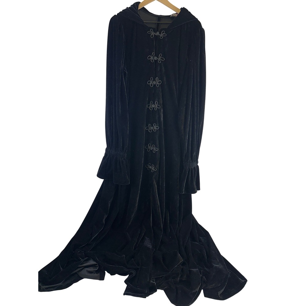 Pyramid Collection Black Velvet Hooded Maxi Coat Gothic Renn Cosplay Womens L